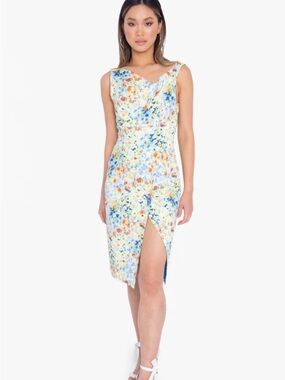 Black Halo Bridget Floral Midi Sheath Dress in Blue & Orange